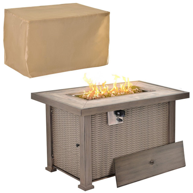 Outsunny 42" Propane Fire Pit Table, 30,000BTU Wicker Electric Ignition Gas Fireplace with Lid, Lava Rocks and Cover for Outdoor, or Patio, Gray
