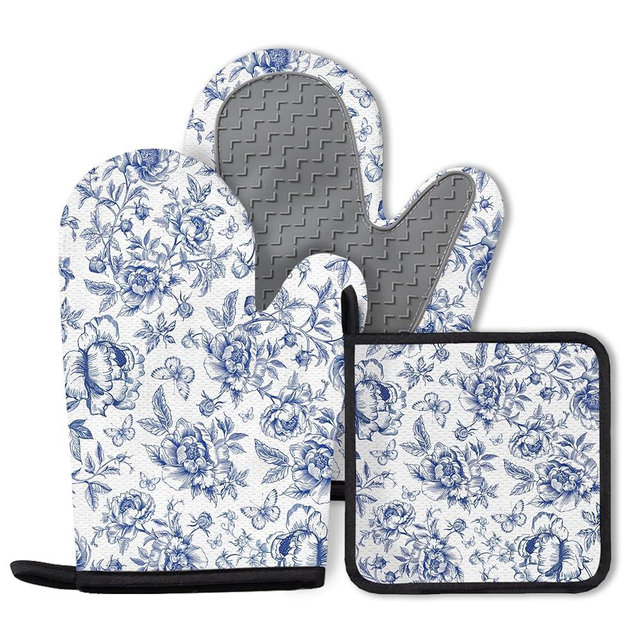 Floral Oven Mitts and Pot Holders Sets of 3, Blue Floral Silicone Oven Mitts Birthday for Flower Lover Kitchen Decor, Botanical Print Heat Resistant Non-Slip Oven Gloves for Mom Wife Sister BFF