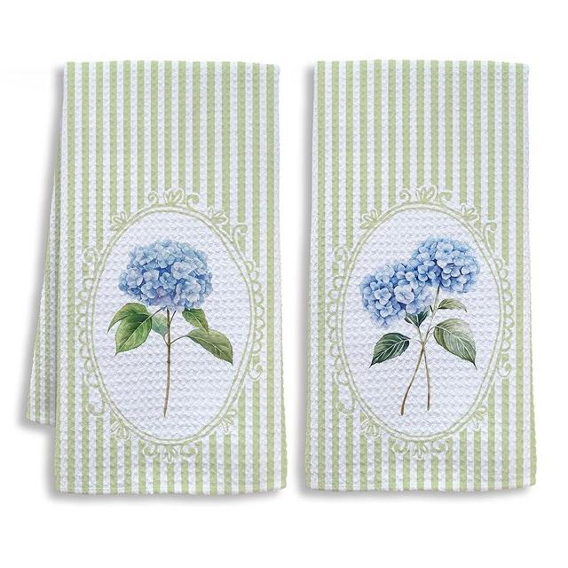 MJYTHNTH Vintage Spring Blue Hydrangea Floral Decorative Hand Tea Towels for Kitchen Bathroom 16x24 Inches, Rustic Cottagecore Flower Sage Green Striped Kitchen Dish Towels, Set of 2