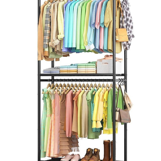 Sakugi Heavy-Duty Clothes Rack - 33.0" x 12.2" x 79.5" Clothing Rack with Shelves & Wheels, Multi-Functional Wardrobe Closet with Hooks, Sturdy Metal Garment Rack for Bedroom, Laundry, Balcony (Black)