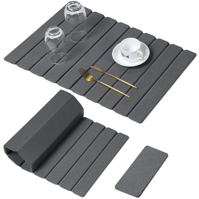 Large Stone Dish Drying Mat for Kitchen Counter, Thin & Light Quick Dry Stone Dishes Mat, Foldable Water Absorbing Diatomite Drying Pad for Kitchen Bathroom Sink Countertop (Pure Gray 24"×16" & 8"x4")
