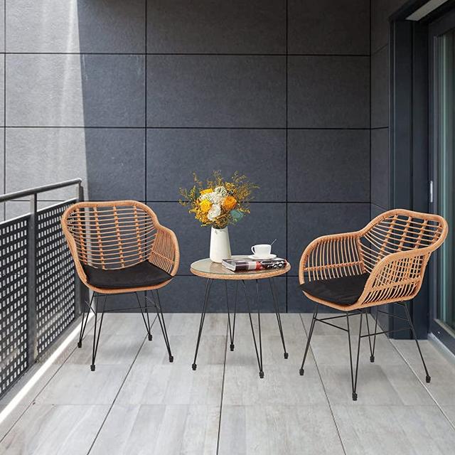 ECOTOUGE 3-Piece Patio Bistro Set, Outdoor Wicker Conversation Bistro Sets for Porch, Backyard, Garden, Rattan Conversation Set w/Round Glass Top Coffee Table, 2 Rattan Armchairs, Seat Cushions