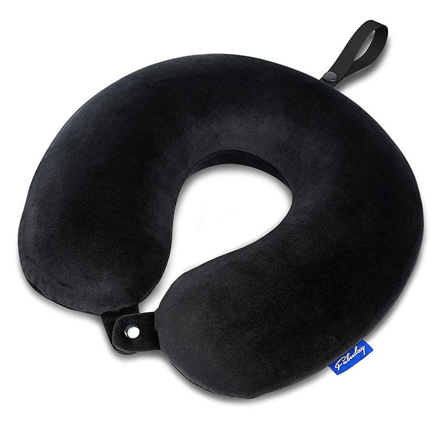 Memory Foam Travel Pillows for Airplanes - Neck Pillow for Traveling with Attachable Snap Strap Soft Washable Cover, Flight Pillow for Sleeping, Car, Home, Office, Black