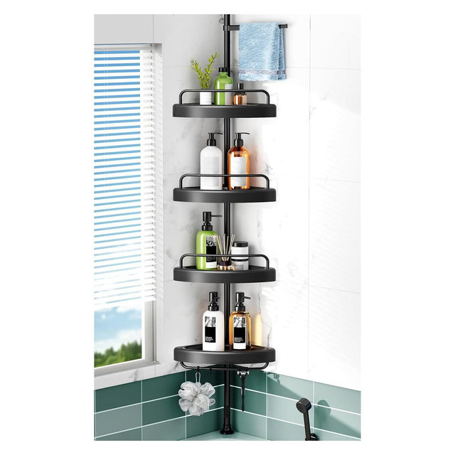 HAMITOR Corner Shower Caddy: Adjustable 55-122 Inch, 4-Tier ABS Basket, Stainless Steel Tension Pole, Space-Saving Bath Organizer.
