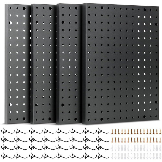 Heavy Duty 4-Panel Pegboard Wall Organizer With 32 Peg Hooks - 4 Black Metal Pegboard Panels for Shops or Warehouse - Garage Wall Organizer & Tool Wall Organizer – Modular Peg Board Wall Organizer Kit
