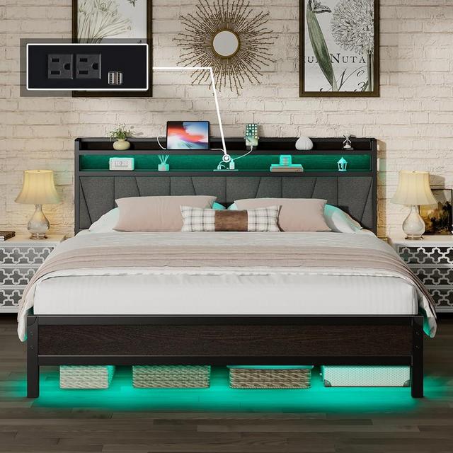 LUXOAK King Size Bed Frame with RGBW LED Lights & Charging Station, Linen Upholstered Headboard with 2-Tier Storage, Stable Metal Platform, Easy Assembly/No Box Spring Needed/Noise-Free, Black