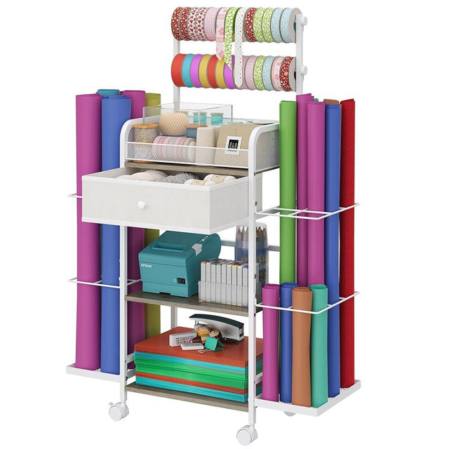 Rsaayekkt Rolling Craft Cart with Wrapping Paper Stoarge & Fabric Drawer, Washi Tape Holder, Vinyl Roll Rack, Craft Storage Cart with Wheels, Arts and Crafts Organizer for Home Use