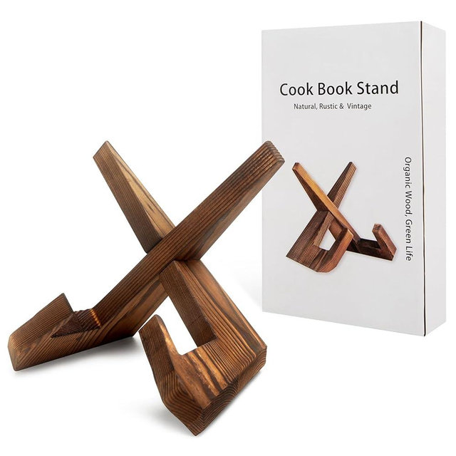 2 Pcs Rustic Cookbook Holder Stand for Kitchen, Recipe Book Holder for Kitchen Counter, Wooden Kitchen Book Holder, Rustic Cook Book Holder Stand with Natural Wooden Grains (2 in Brown)