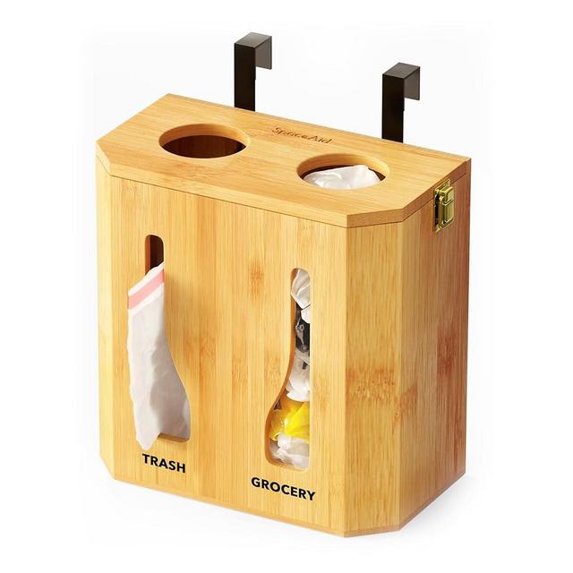 SpaceAid Grocery Bag Holder & Trash Bag Dispenser, Bamboo 2 in 1 Garbage Bag Roll Holders Organizer for Plastic Bags, Under Sink Organizers and Storage for Kitchen Organization (Bamboo)