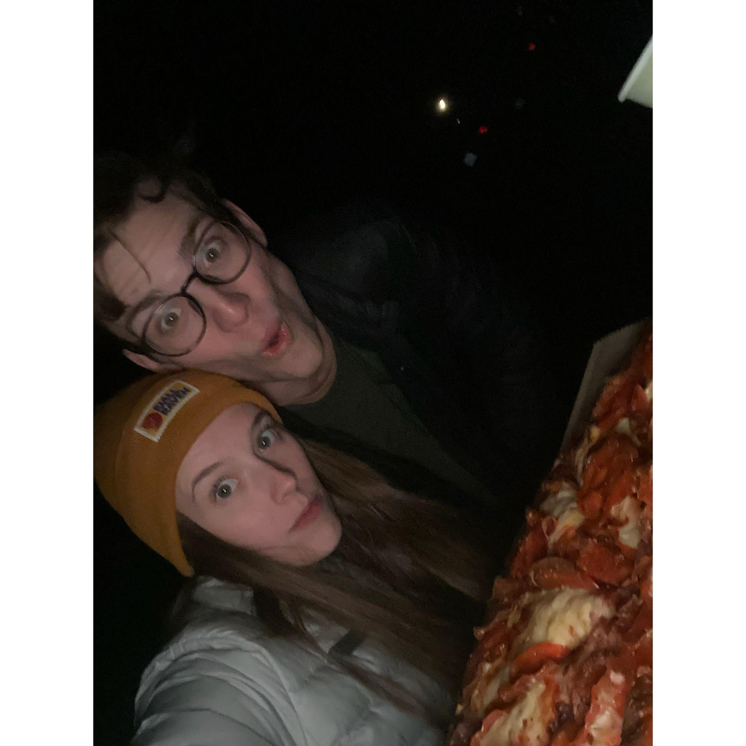 Post-engagement pizza under the Yosemite stars