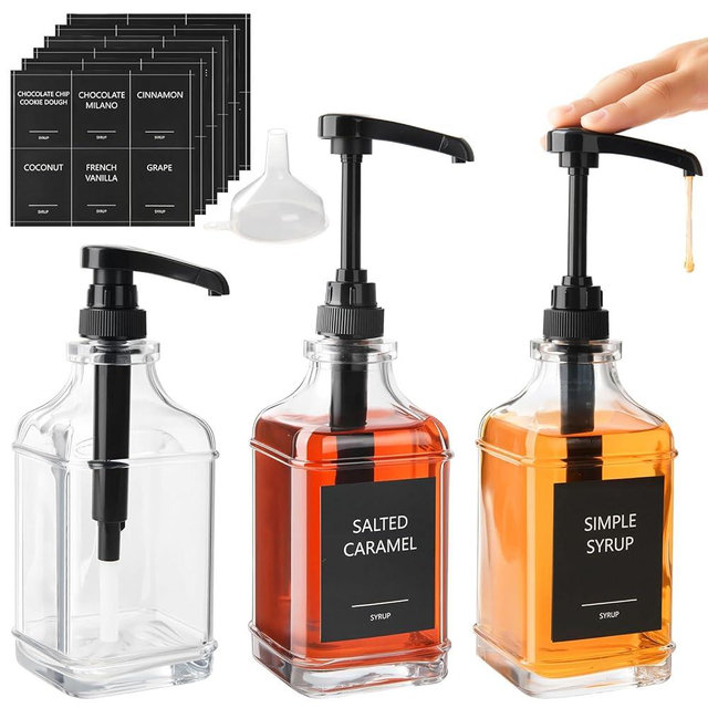 BPFY 3 Pack 16.9oz (500ml) Glass Coffee Syrup Dispenser with Pump, Syrup Pump Dispenser for Coffee Bar, Coffee Syrup Bottles with Labels
