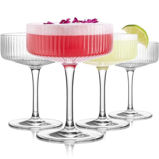 LUNA & MANTHA Coupe Glasses Set of 4, 10oz Ribbed Martini Glasses, Vintage Cocktail Glass, Hand Blown for Espresso Martini, Champagne, Margarita, Home Bar &Gift, Crystal Glassware