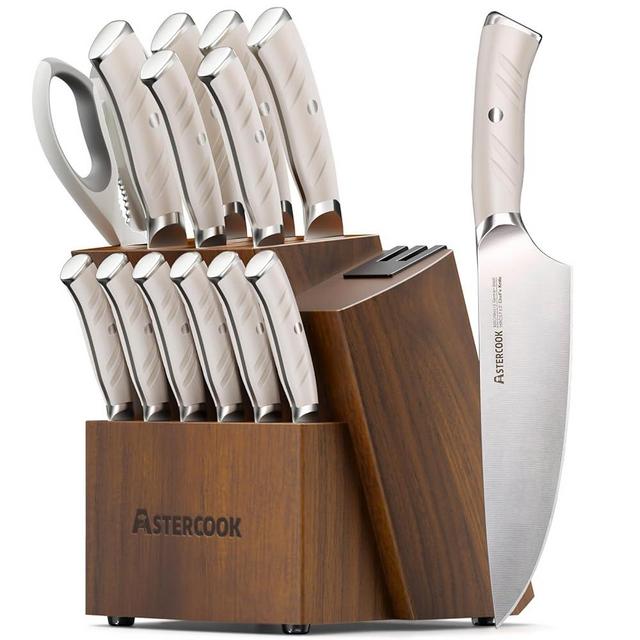 Astercook Knife Set Kitchen with Block and Dual Sharpener Full Tang 15 Pcs German Stainless Steel Knives Dishwasher Safe Kitchen Utensils Set with with and Anti-slip Ergonomic Handle, Elegant White