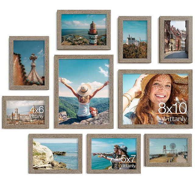 Vittanly Picture Frames Set of 10, Picture Frames Collage Wall Decor with Two 8x10, Four 5x7 and Four 4x6 Photo Frames, Gallery Wall Frame Set for Wall or Tabletop Display, Grayish Brown
