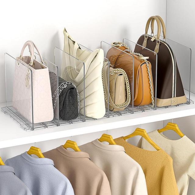 GoMaihe Bag & Purse Organizer for Closet: 2-Pack Adjustable Clear Handbag Storage Shelf - Plastic Clutch Dividers | Minimal | Keep Purses upright