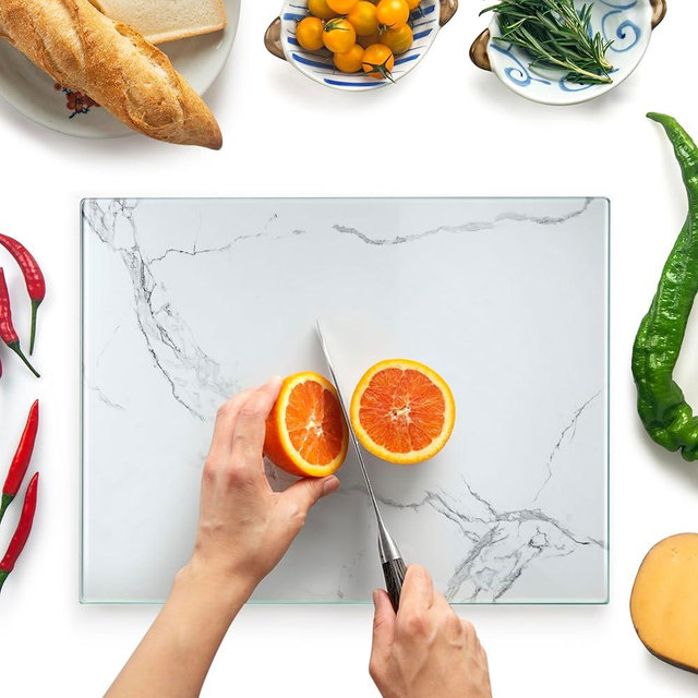 Kitchenville Tempered Glass Cutting Board 12"x16" : Kitchen Counter Protector, Heat & Scratch Resistant, Non-Slip Feet - DESIGN 2 - White Marble Effect