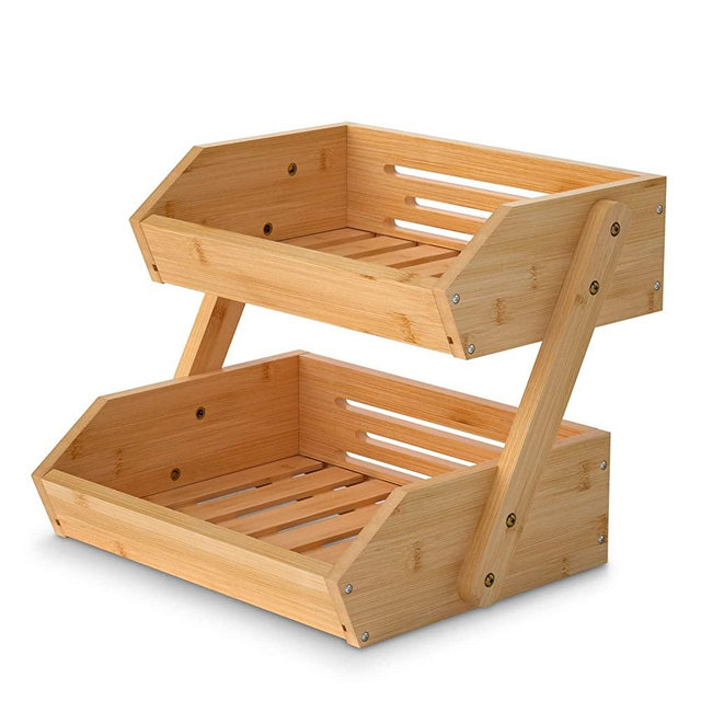 2 Tier Fruit Basket For Kitchen- Bamboo Fruit and Vegetable Storage Bowl Stand For Kitchen Countertop, , Produce Basket Fruit Holder for Potato, Onion, Bread, Snack Storage