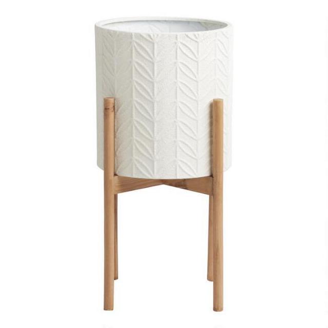 Medium White Leaf Planter With Pinewood Stand