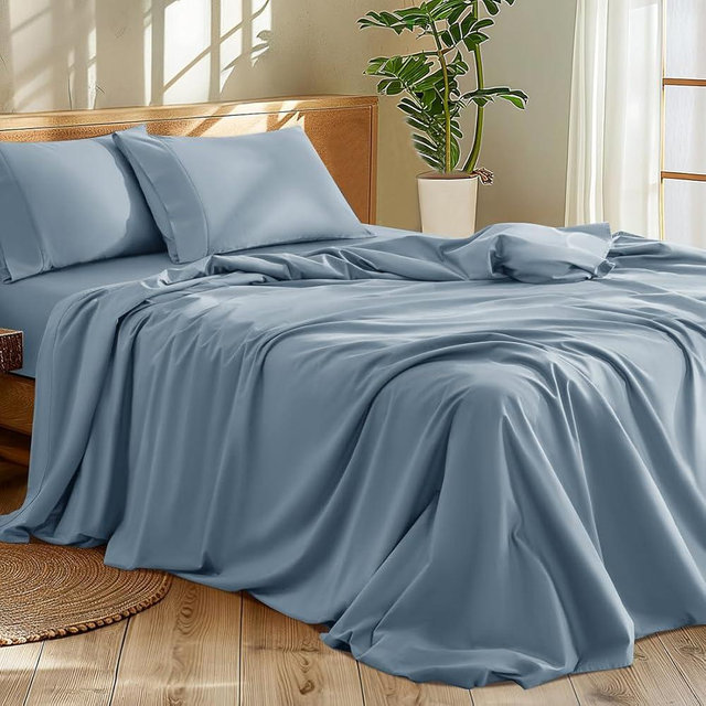 Shilucheng 1200 Thread Count Cotton Sheets Set，Luxury 100% Egyptian Cotton Bed Sheets，5-Star Hotel Quality Sheets, Breathable & Cooling, 16 Inch Deep Pocket - 4 Piece (French Blue, King)