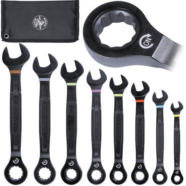 Klein Tools 69408MG Metric Ratcheting Combination Wrench Set, 8 to 19 mm, 90-Tooth Steel Alloy with Foam Pouch, 8-Piece
