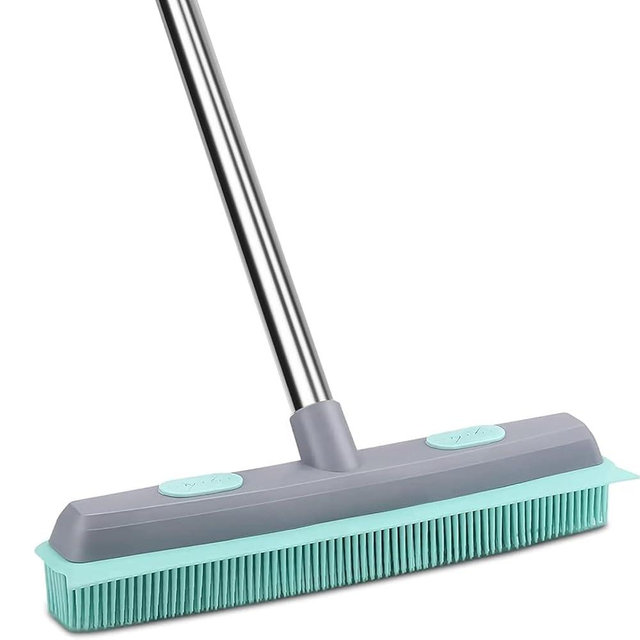 Conliwell Rubber Broom Carpet Rake for Pet Hair, Fur Remover Broom with Squeegee, Portable Detailing Lint Remover Brush (Stainless 3 Steel Handle)