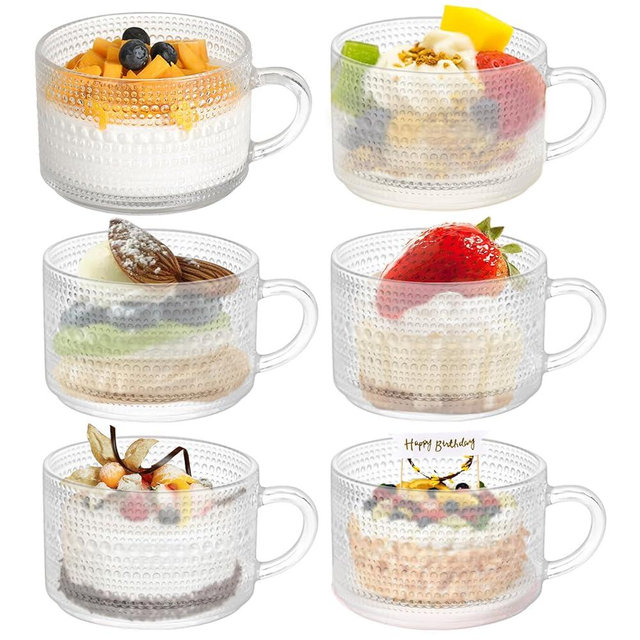 Hyuetrsa 6 Pcs Vintage Coffee Mugs,14 oz Clear Embossed Glass Cups with Handle, Vintage Glassware for Cappuccino, Latte, Cereal, Yogurt, Beverage Christmas