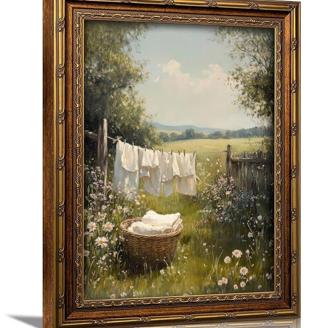 3D Textured Canvas Wall Art Vintage Carved Gold Frame Retro Cottagecore Laundry Farmhouse Country Landscape Relief Poster Print Artwork for Washroom Bathroom Laundry Room Home Decor