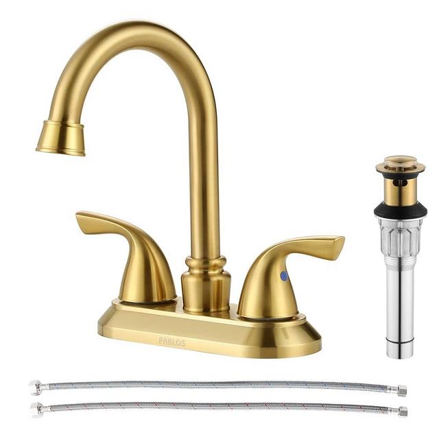 PARLOS Two-Handle Bathroom Sink Faucet with Metal Drain Assembly and Supply Hose Lead-Free cUPC Mixer Double Handle Tap Laundry Utility Faucet Brushed Gold, 1359108