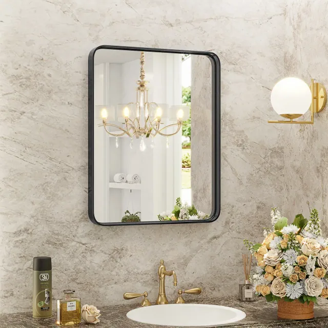 Bestier Metal Framed Vanity Bathroom Mirror with Rounded Corners, Rectangular Matte Large Mirror for Over Sink Wall, Modern Decorative for Restroom
