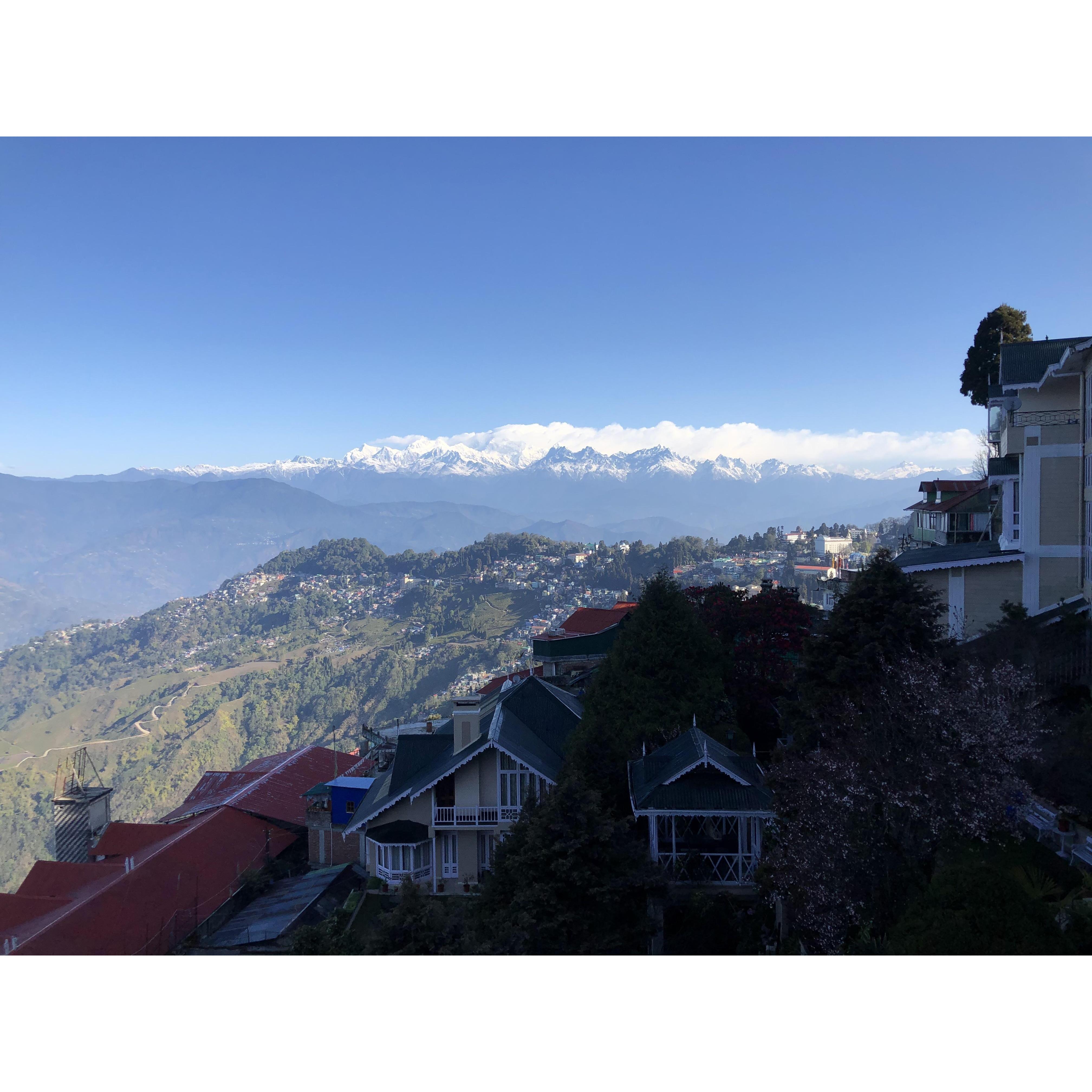 A perfect morning in Darjeeling, West Bengal, India, with views of Kanchenjunga in the near distance. March, 2020.