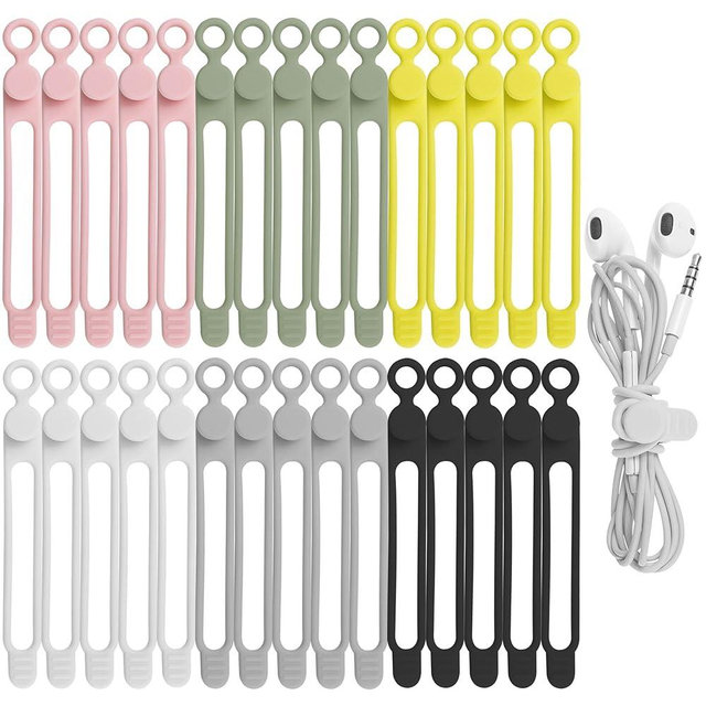 30Pcs Nearockle Silicone Cable Ties for Bundling Earphone, Phone Charger, Computer Cords, Reusable Cord Organizer Cable Management in Home,Office,Kitchen,School (6 Colors)