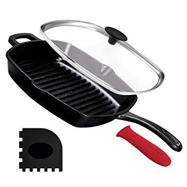 Cast Iron Square Grill Pan with Glass Lid - 10.5 Inch Pre-Seasoned Skillet with Handle Cover and Pan Scraper - Grill, Stovetop, Induction Safe - Indoor and Outdoor Use - for Grilling, Frying, Sauteing