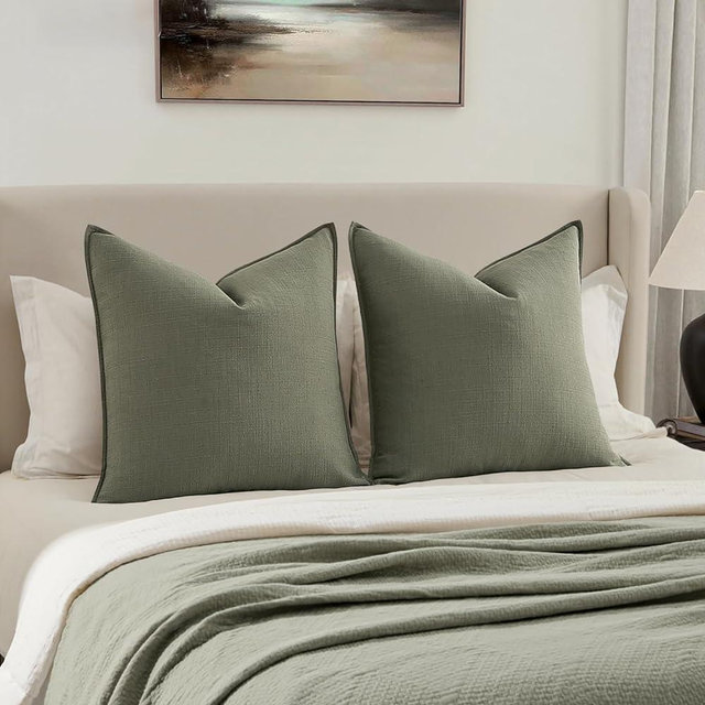 MIULEE Decorative Euro Sham Pillow Covers 26x26, 2 Pack Large Boho Farmhouse Neutral Throw Pillows for Bed, Thick Textured Modern Linen Cushion Cases Couch Sofa Living Room Home Decor, Olive Green
