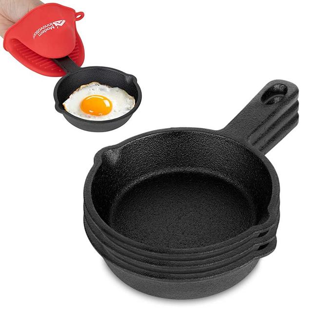Modern Innovations Mini Cast Iron Skillet with Silicone Mitt (4 Count) - 3.5 Inch Mini Cast Iron Skillet - Pre Seasoned Small Cast Iron Skillet Set - Mini Cast Iron Skillets for Baked Cookie/Brownie