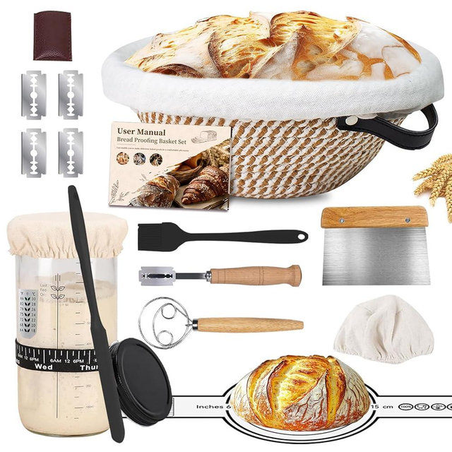 Sourdough Starter Kit,Banneton Bread Proofing Basket 10Inch Round,Sourdough Bread Baking Supplies With Starter Jar,Bread Sling,Lame,Danish Dough Whisk Sourdough Kit Gifts (Khaki)