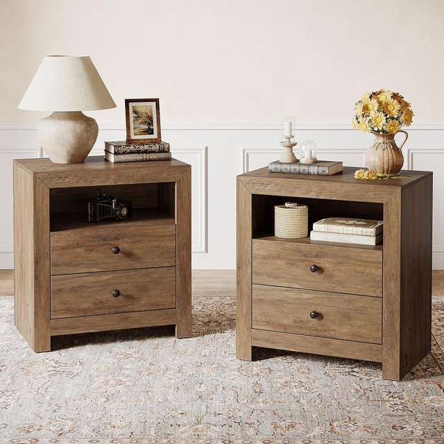 Tribesigns Farmhouse Night Stand Set of 2, Mid Century Modern 2 Drawers Nightstand with Open Storage Shelf, Large Bedside End Table for Bedroom, Easy Assembly (Brown)