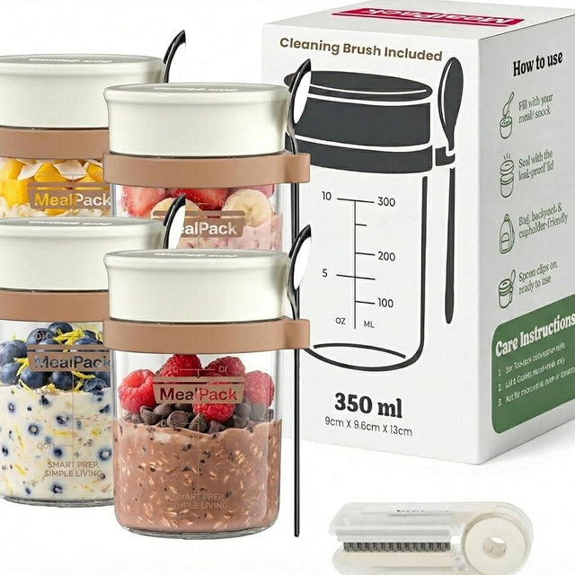 Overnight Oats Containers with Lids and Spoons (4 Pack) – 12oz Glass Jars for Yogurt Meal Prep, Chia Pudding & Snacks – Leakproof Airtight Mason Jar Set – Portable Food Storage with Cleaning Brush