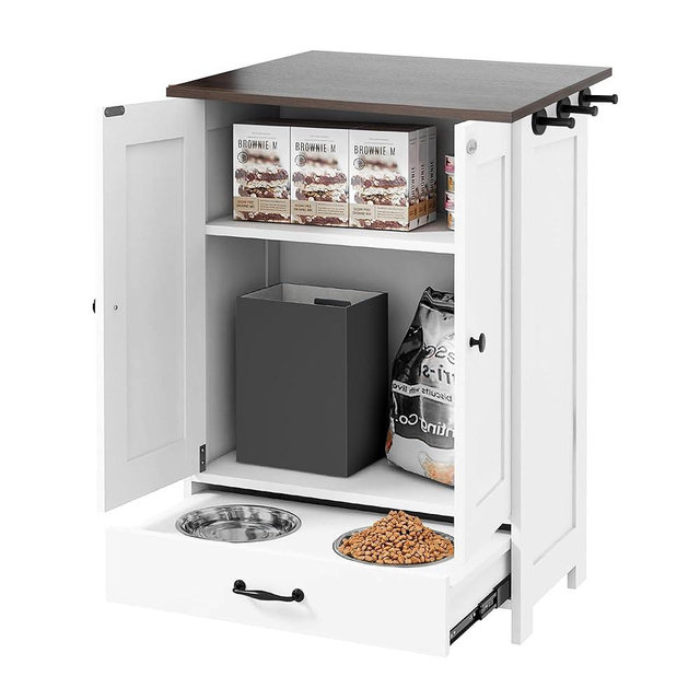 Pet Feeding Station, Dog Feeding Station, Dog Food Storage Cabinet, Pet Food Toy Organiser with 2 Elevated Bowls and Hook for Feeding and Drinking, White