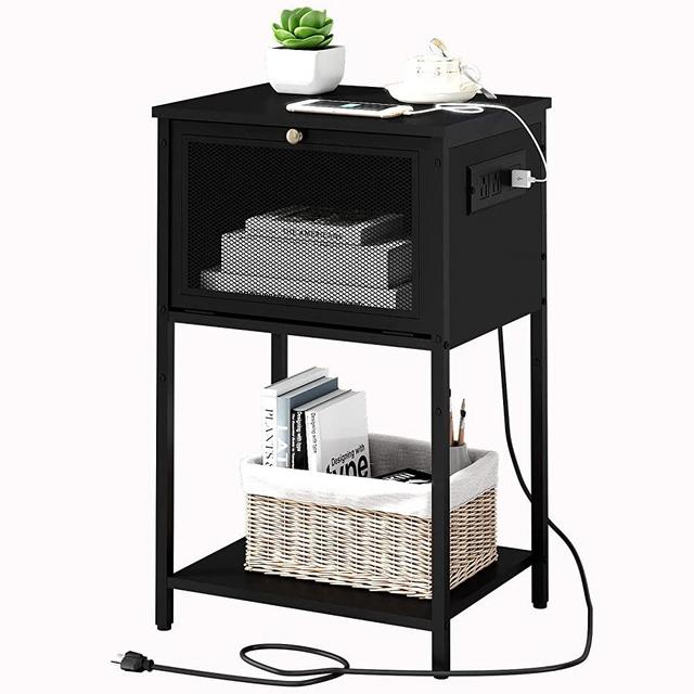 NONGSHIM Nightstand with Charging Station and USB Ports, Night Stand with Flip Drawer and Open Storage Shelf, Black Bedside Table for Small Spaces,Side End Table for Bedroom,Living Room