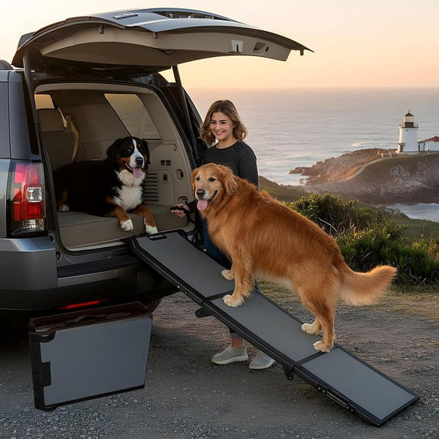 Pet Gear Tri-Fold Portable Pet Ramp for Dogs and Cats, 71" Long, Extra Wide, Holds up to 200lbs, Patented Design, Compact/Easy Fold with Safety Tether, Titanium