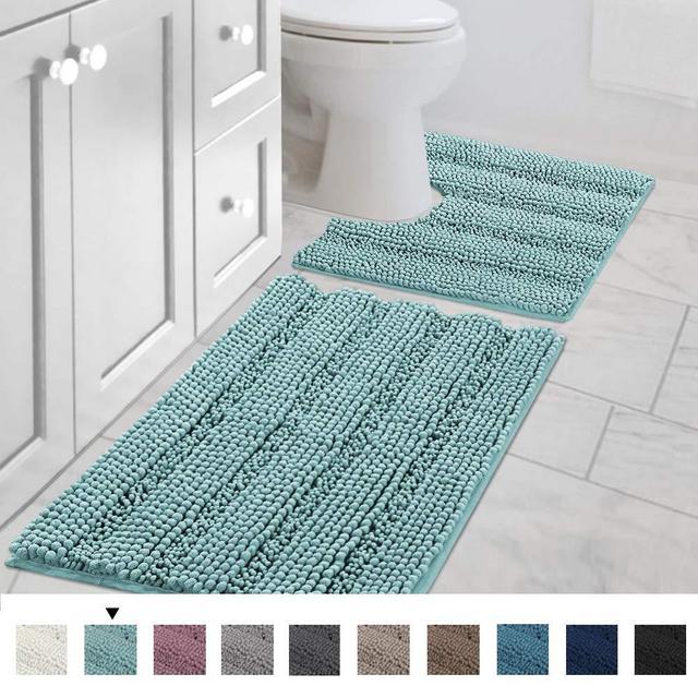 Original Striped Luxury Shaggy Bath Mat, Super Absorbent Water, Non-Slip, Machine-Washable, Soft and Cozy, Thick Modern for Bathroom Bedroom (Pack 2-20" x 32"/20" x 20", Duck Egg Blue)