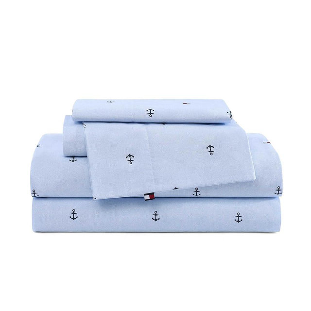 Tommy Hilfiger – Queen Size Sheet Set, Soft Cotton Percale Bedding with Crisp Cooling Comfort, Deep Pocket Fitted Sheet with Matching Pillowcases, Americana Decor (Nautical Anchor Light Blue)