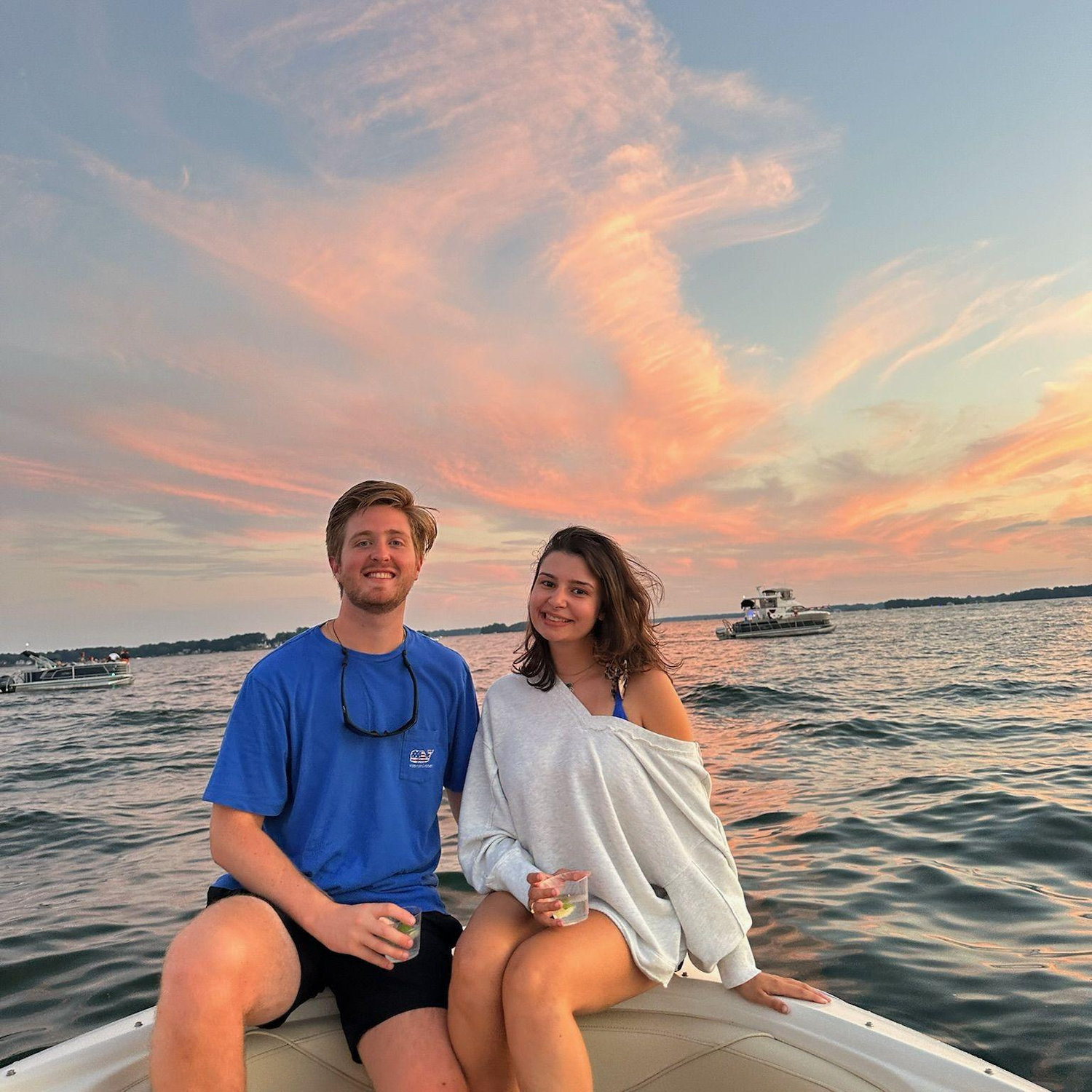 Dropped anchor in Lake Norman to enjoy sunset and 4th of July fireworks to follow