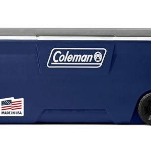 Blue Coleman Classic Series Insulated Portable Rolling Cooler with Wheels, Leak-Resistant Outdoor Hard Cooler Keeps Ice up to 5 Days, 100-Quart