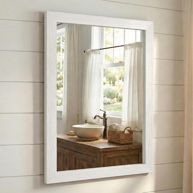 FurniXpress 24"x36" Farmhouse Wall Mirror for Mantle & Bathroom, Distressed White Wood Texture, Coastal Rustic Vanity Mirror for Horizontal/Vertical Decor, Vintage Style