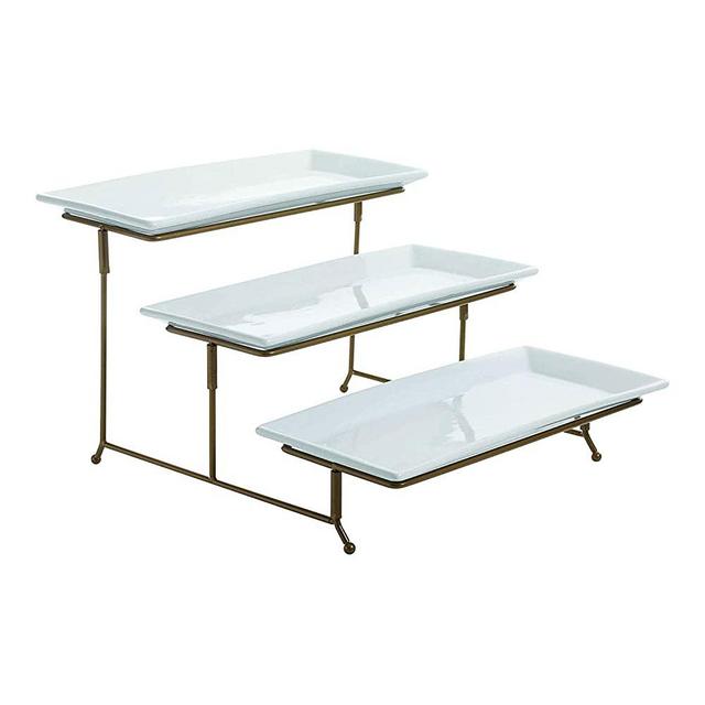 Gibson Gracious Dining Ceramic 3 Tier Rectangular Serving Platter, Appetizer Dessert Stand, Food Server Tray Display, Gold