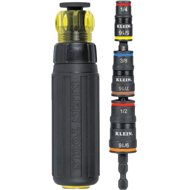 Klein Tools 32910RCHT Impact Driver, 7-in-1 SAE Impact Socket Set with Ratcheting Handle, Flip Socket with 6 Hex Driver Sizes plus a 1/4-Inch Bit Holder
