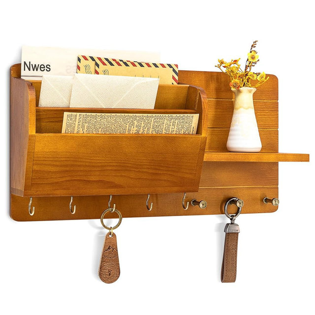 Rebee Vision Pine Wood Farmhouse Key Holder Wall Mount - Key Holder for Wall with Mail Slot Can Store Letters and 8 Hooks for hat Organizer - Ideal for Entryway Home Storage and Home Decor （Yellow）