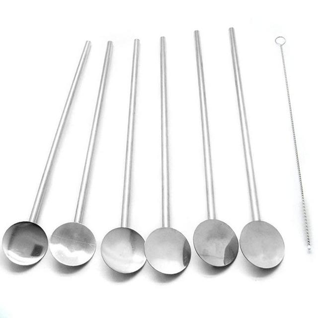 Fine Stainless Steel Reusable Spoon Drink Straw Set Long Spoons/Stirrer Flatware for Your Home 6PCS Value Set With Free Cleaner