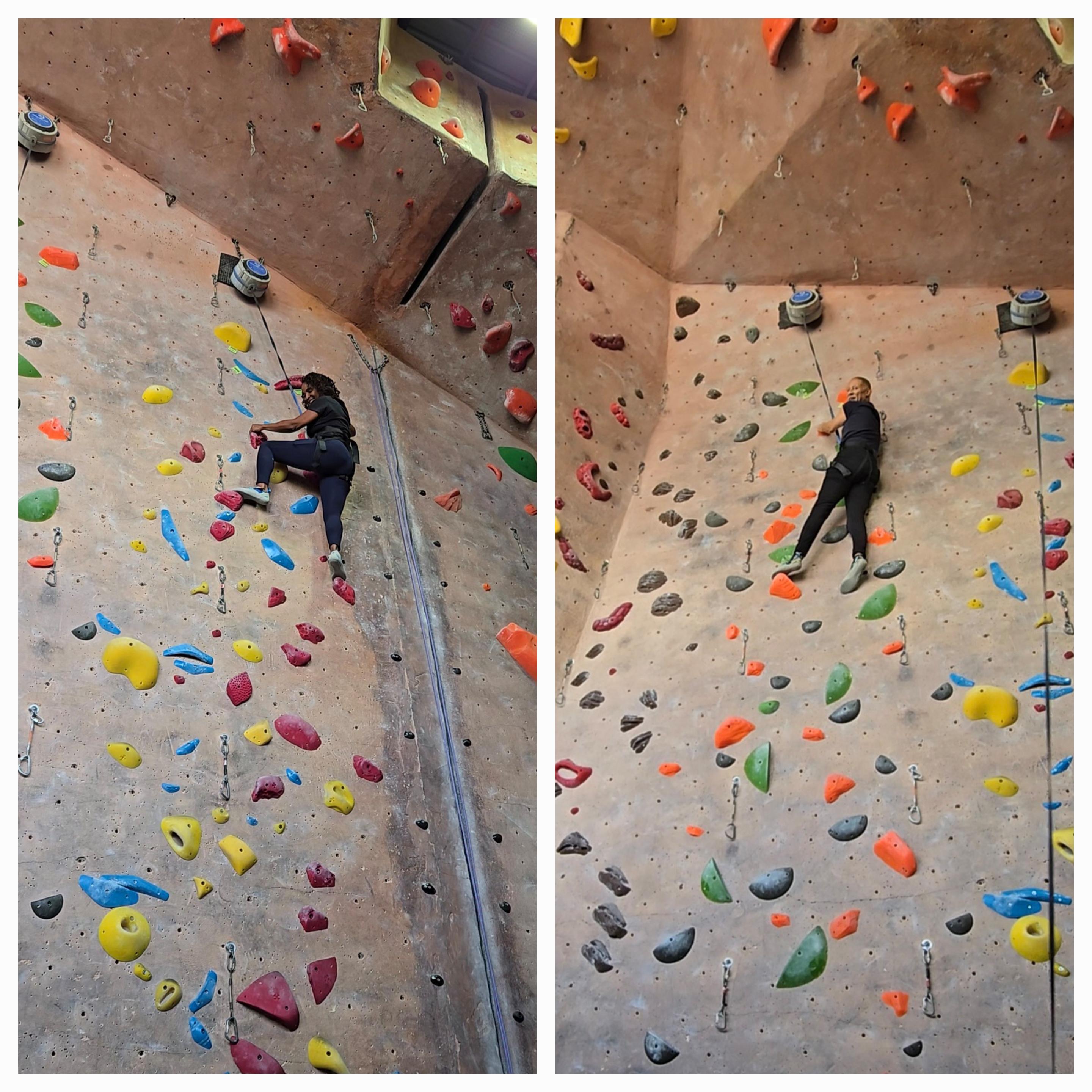 Rock climbing on a 30 foot wall at Hanger 18 in Upland, CA